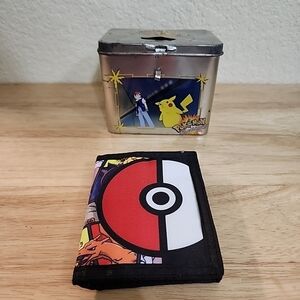 Set 2-piece Pokemon: An Old 1999 Bank Tin Box, And A Trifold Pokemon Wallet